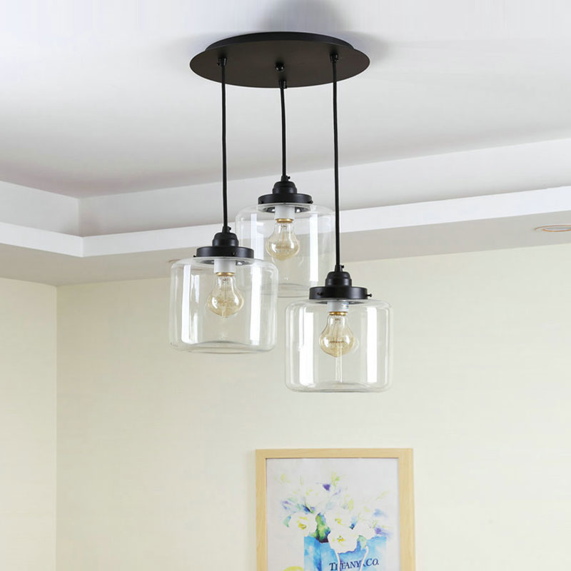 3 Lights Multiple Hanging Light Traditional Jar Shape Clear Glass Pendant Lighting in Black, Round Canopy Clearhalo 'Ceiling Lights' 'Glass shade' 'Glass' 'Industrial Pendants' 'Industrial' 'Middle Century Pendants' 'Pendant Lights' 'Pendants' 'Tiffany' Lighting' 1416000