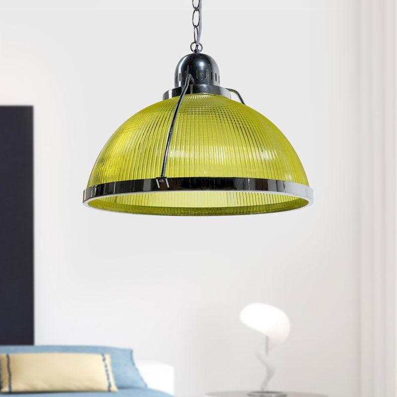 Acrylic and Metal Ribbed Dome Pendant Lighting Industrial 1 Head Living Room Hanging Lamp in White/Red/Yellow Clearhalo 'Ceiling Lights' 'Industrial Pendants' 'Industrial' 'Middle Century Pendants' 'Pendant Lights' 'Pendants' 'Tiffany' Lighting' 1416014