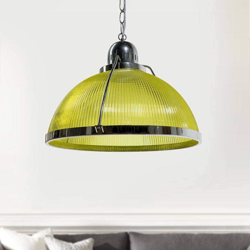 Acrylic and Metal Ribbed Dome Pendant Lighting Industrial 1 Head Living Room Hanging Lamp in White/Red/Yellow Clearhalo 'Ceiling Lights' 'Industrial Pendants' 'Industrial' 'Middle Century Pendants' 'Pendant Lights' 'Pendants' 'Tiffany' Lighting' 1416015