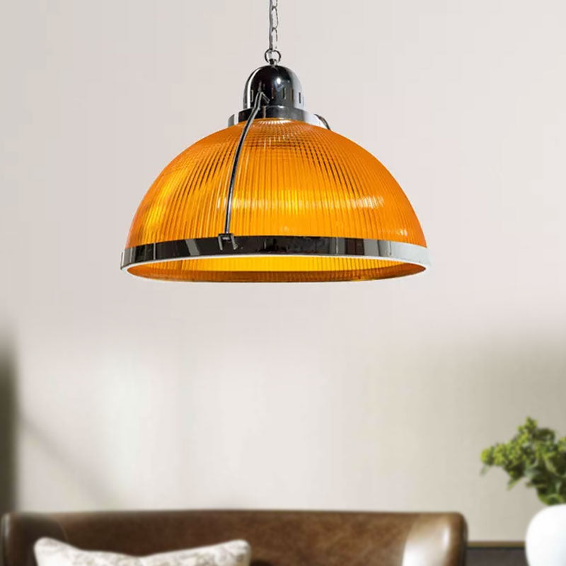 Acrylic and Metal Ribbed Dome Pendant Lighting Industrial 1 Head Living Room Hanging Lamp in White/Red/Yellow Clearhalo 'Ceiling Lights' 'Industrial Pendants' 'Industrial' 'Middle Century Pendants' 'Pendant Lights' 'Pendants' 'Tiffany' Lighting' 1416016