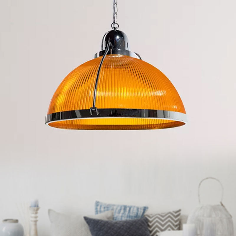 Acrylic and Metal Ribbed Dome Pendant Lighting Industrial 1 Head Living Room Hanging Lamp in White/Red/Yellow Clearhalo 'Ceiling Lights' 'Industrial Pendants' 'Industrial' 'Middle Century Pendants' 'Pendant Lights' 'Pendants' 'Tiffany' Lighting' 1416017