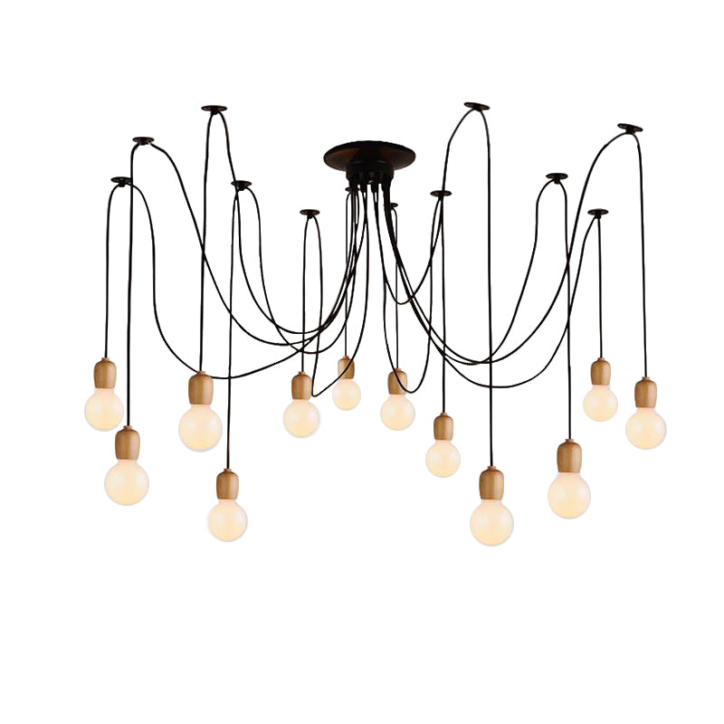 Black Swag Hanging Lamp with Exposed Bulb Industrial Wood 8/12 Lights Dining Room Pendant Lamp Clearhalo 'Ceiling Lights' 'Industrial Pendants' 'Industrial' 'Middle Century Pendants' 'Pendant Lights' 'Pendants' 'Tiffany' Lighting' 141602