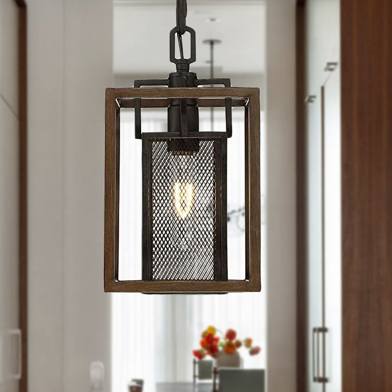 Black Mesh Screen Pendant Light Vintage Metal 1 Light Bedroom Hanging Light Fixture with Rectangle Shade Clearhalo 'Art Deco Pendants' 'Black' 'Cast Iron' 'Ceiling Lights' 'Ceramic' 'Crystal' 'Industrial Pendants' 'Industrial' 'Metal' 'Middle Century Pendants' 'Pendant Lights' 'Pendants' 'Rustic Pendants' 'Tiffany' Lighting' 1416028
