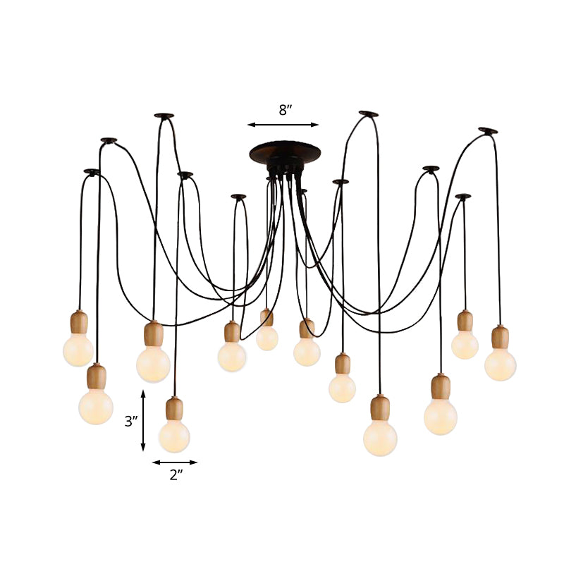 Black Swag Hanging Lamp with Exposed Bulb Industrial Wood 8/12 Lights Dining Room Pendant Lamp Clearhalo 'Ceiling Lights' 'Industrial Pendants' 'Industrial' 'Middle Century Pendants' 'Pendant Lights' 'Pendants' 'Tiffany' Lighting' 141603