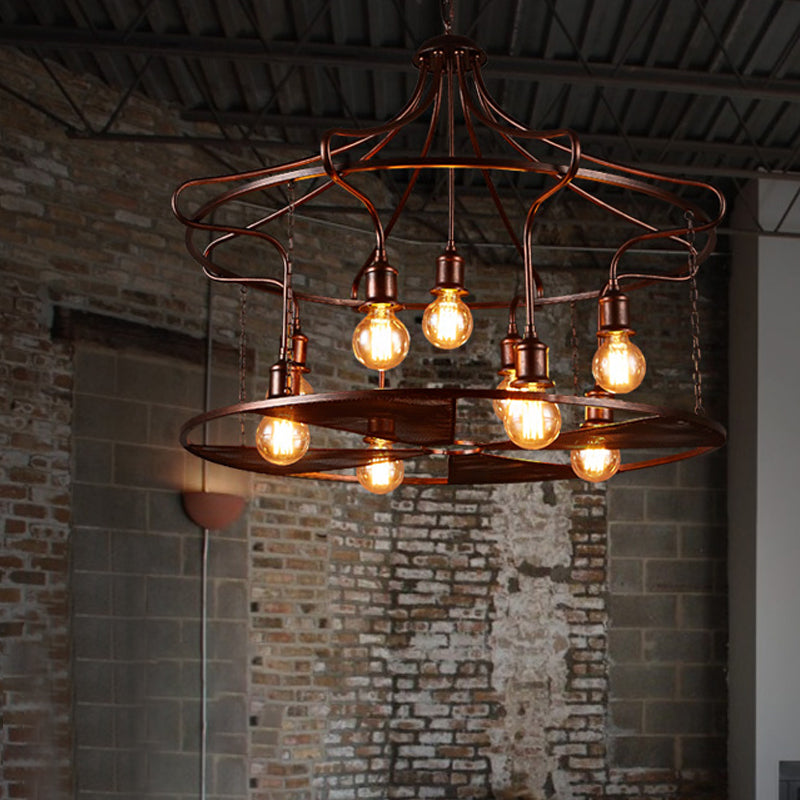 Drum Restaurant Pendant Light Metal Nine Lights Antique Stylish Chandelier in Rust Clearhalo 'Ceiling Lights' 'Chandeliers' Lighting' options 1416034