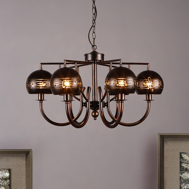 Retro Domed Shade Chandelier with Musical Note Metal 6-Light Rust Pendant Light for Restaurant Clearhalo 'Cast Iron' 'Ceiling Lights' 'Chandeliers' 'Industrial Chandeliers' 'Industrial' 'Metal' 'Middle Century Chandeliers' 'Rustic Chandeliers' 'Tiffany' Lighting' 1416038