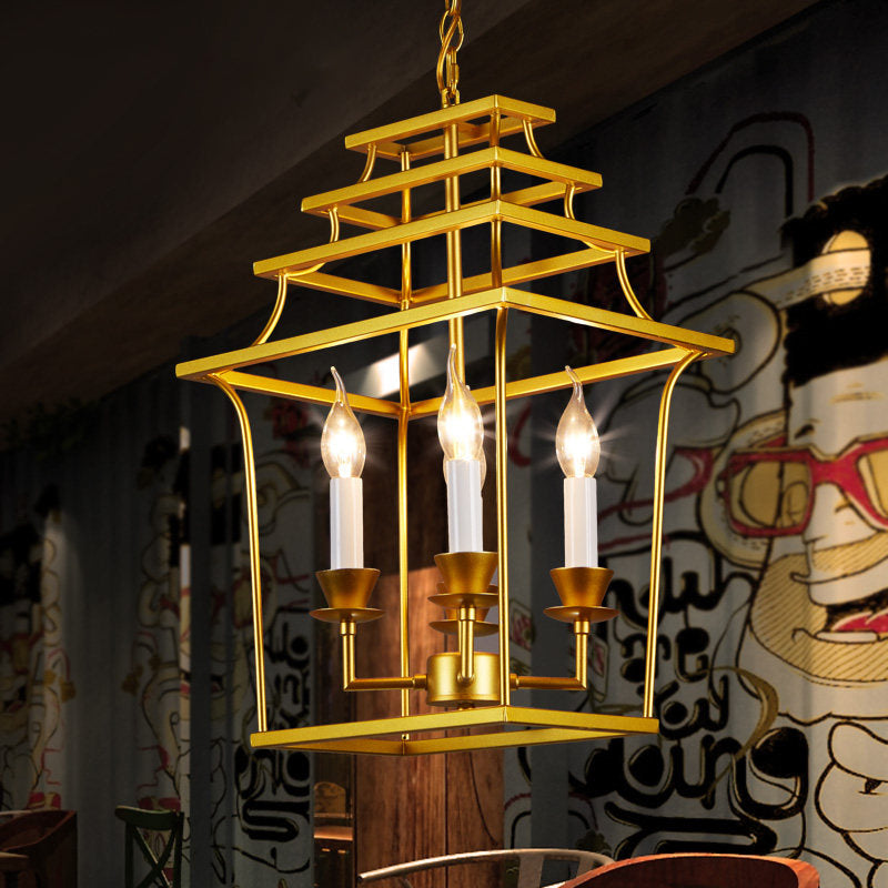 Golden Lantern Cage Hanging Lamp Vintage Stylish Metal 4 Lights Living Room Pendant Lighting Clearhalo 'Cast Iron' 'Ceiling Lights' 'Chandeliers' 'Industrial Chandeliers' 'Industrial' 'Metal' 'Middle Century Chandeliers' 'Rustic Chandeliers' 'Tiffany' Lighting' 1416039
