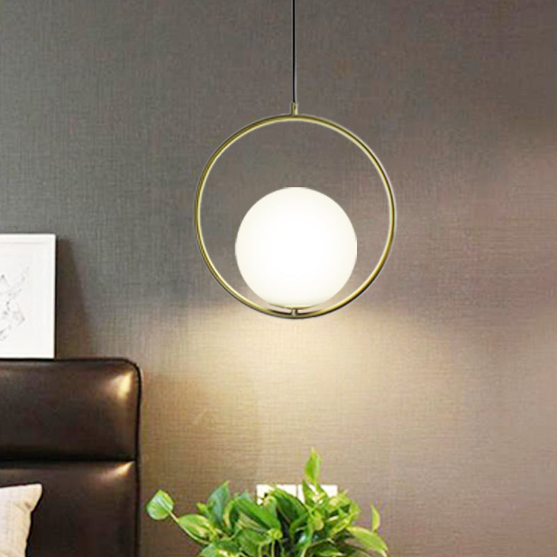 1 Head Ring Pendant Lighting with Globe Opal Glass Shade Retro Industrial Gold Suspension Light, 12"/14" Width Gold 14" Clearhalo 'Ceiling Lights' 'Close To Ceiling Lights' 'Glass shade' 'Glass' 'Industrial Pendants' 'Industrial' 'Middle Century Pendants' 'Pendant Lights' 'Pendants' 'Tiffany' Lighting' 141604