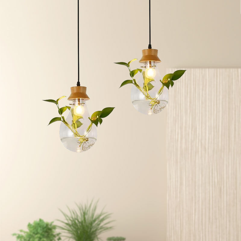 Exposed Bulb Dining Room Hanging Light Kit Industrial Clear Glass 1 Light Wood Pendant Lighting with Cap Clearhalo 'Ceiling Lights' 'Glass shade' 'Glass' 'Industrial Pendants' 'Industrial' 'Island Lights' 'Middle Century Pendants' 'Pendant Lights' 'Pendants' 'Tiffany' Lighting' 1416046