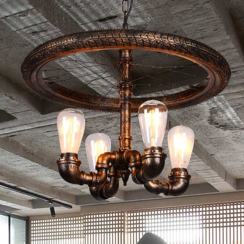 Wheel Design Living Room Chandelier Lamp Vintage Style Metal 4 Lights Rust Pendant Light with Pipe Clearhalo 'Cast Iron' 'Ceiling Lights' 'Chandeliers' 'Industrial Chandeliers' 'Industrial' 'Metal' 'Middle Century Chandeliers' 'Rustic Chandeliers' 'Tiffany' Lighting' 1416054
