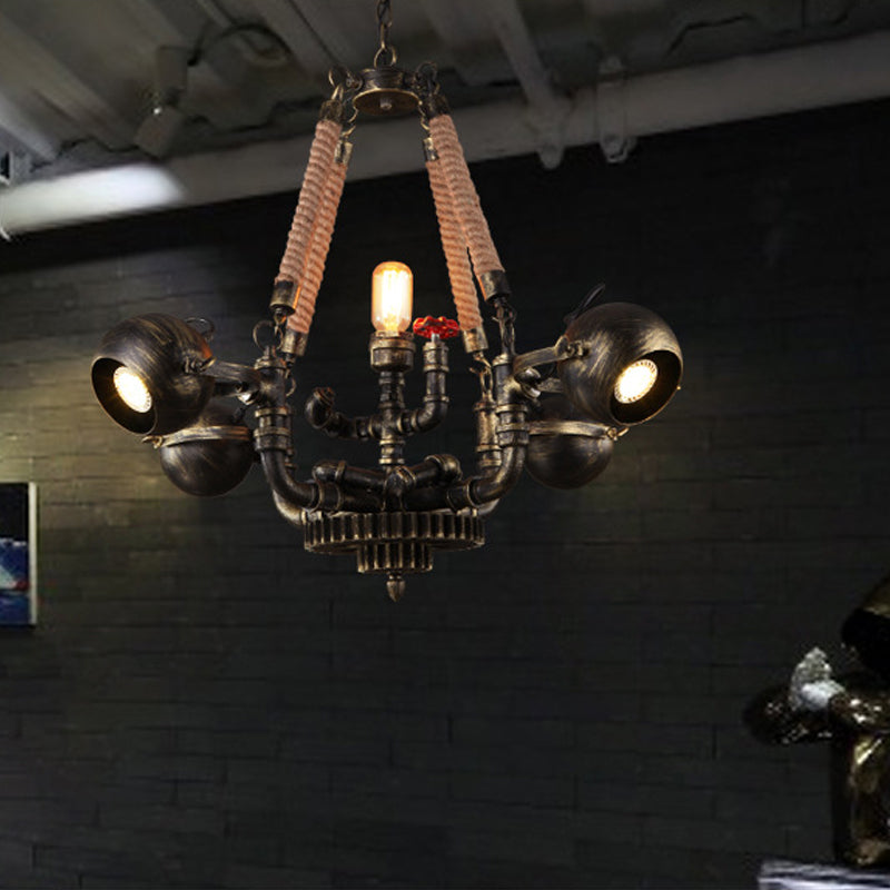 5 Lights Ball Chandelier Lighting with Global Shade Retro Bronze Metal and Rope Hanging Pendant for Bar Clearhalo 'Cast Iron' 'Ceiling Lights' 'Chandeliers' 'Industrial Chandeliers' 'Industrial' 'Metal' 'Middle Century Chandeliers' 'Rustic Chandeliers' 'Tiffany' Lighting' 1416055