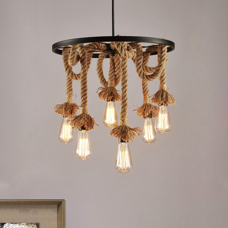 Wheel Metal Hanging Lamp Retro Style 6 Lights Hallway Ceiling Light with Adjustable Rope in Brown Clearhalo 'Ceiling Lights' 'Chandeliers' 'Industrial Chandeliers' 'Industrial' 'Middle Century Chandeliers' 'Tiffany' Lighting' 1416056