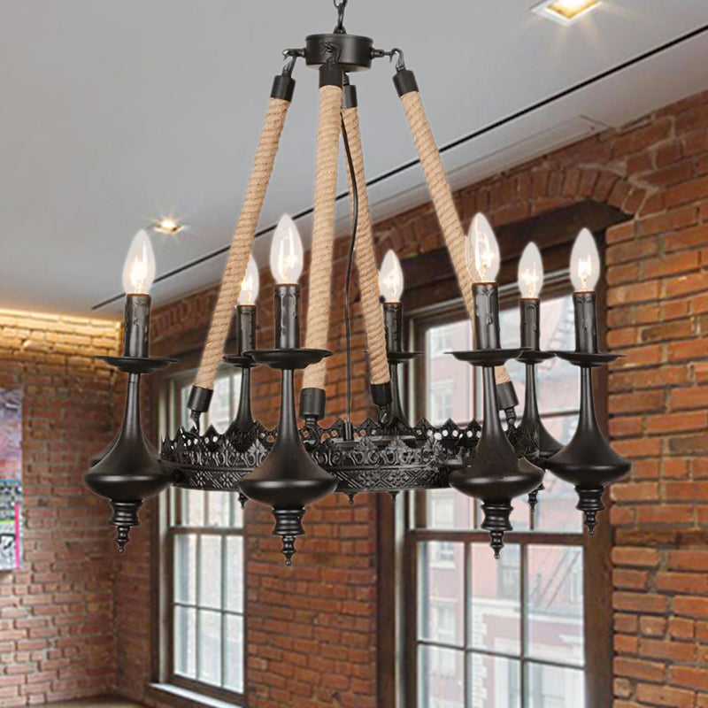 Retro Industrial Exposed Bulb Hanging Pendant 3/6 Heads Metal Ceiling Fixture with Rope for Living Room Clearhalo 'Cast Iron' 'Ceiling Lights' 'Chandeliers' 'Industrial Chandeliers' 'Industrial' 'Metal' 'Middle Century Chandeliers' 'Rustic Chandeliers' 'Tiffany' Lighting' 1416063