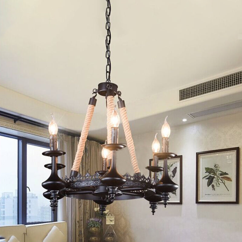 Retro Industrial Exposed Bulb Hanging Pendant 3/6 Heads Metal Ceiling Fixture with Rope for Living Room Clearhalo 'Cast Iron' 'Ceiling Lights' 'Chandeliers' 'Industrial Chandeliers' 'Industrial' 'Metal' 'Middle Century Chandeliers' 'Rustic Chandeliers' 'Tiffany' Lighting' 1416064
