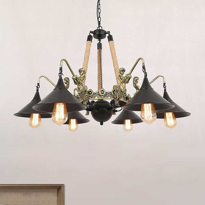 Industrial Bell Chandelier Light 6/8 Bulbs Metal and Rope Suspension Light with Mermaid Deco in Black Clearhalo 'Cast Iron' 'Ceiling Lights' 'Chandeliers' 'Industrial Chandeliers' 'Industrial' 'Metal' 'Middle Century Chandeliers' 'Rustic Chandeliers' 'Tiffany' Lighting' 1416067