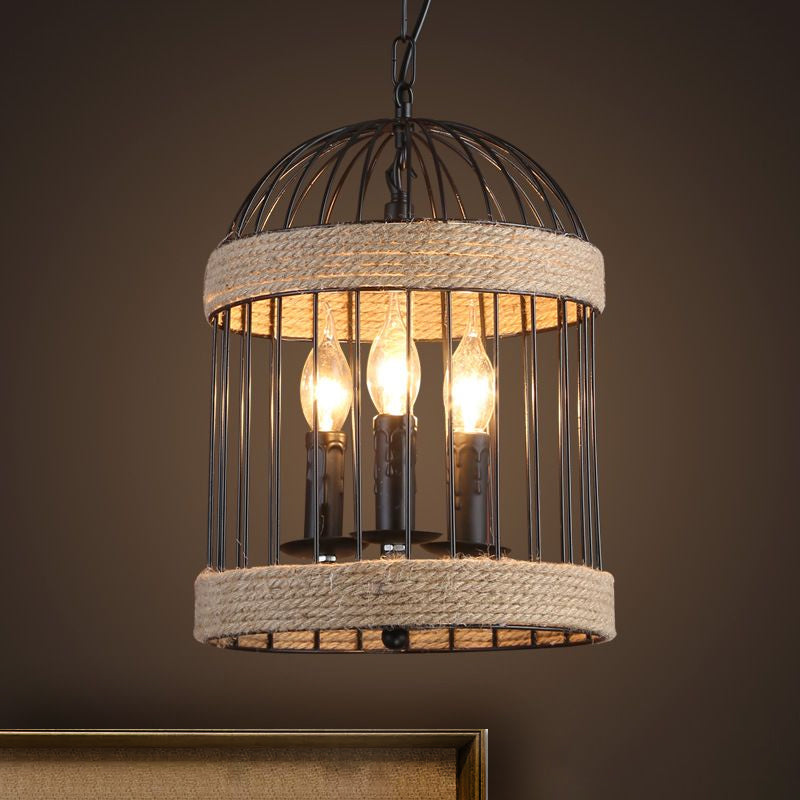 3 Bulbs Birdcage Ceiling Light Vintage Black Finish Metal and Rope Hanging Lamp with Chain for Dining Room Clearhalo 'Cast Iron' 'Ceiling Lights' 'Chandeliers' 'Industrial Chandeliers' 'Industrial' 'Metal' 'Middle Century Chandeliers' 'Rustic Chandeliers' 'Tiffany' Lighting' 1416069