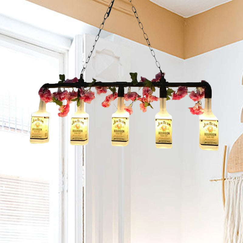 5 Lights Metal Hanging Pendant Light Vintage Style Yellow Bottle Shade Restaurant Island Lighting with Pipe Clearhalo 'Ceiling Lights' 'Close To Ceiling Lights' 'Glass shade' 'Glass' 'Island Lights' Lighting' 1416076