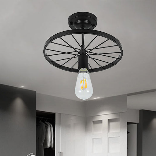 Bare Bulb Restaurant Semi Flush Light Industrial Style Metal 1 Head Black Finish Ceiling Fixture with Wheel Decoration Clearhalo 'Ceiling Lights' 'Close To Ceiling Lights' 'Close to ceiling' 'Glass shade' 'Glass' 'Island Lights' 'Semi-flushmount' Lighting' 1416080