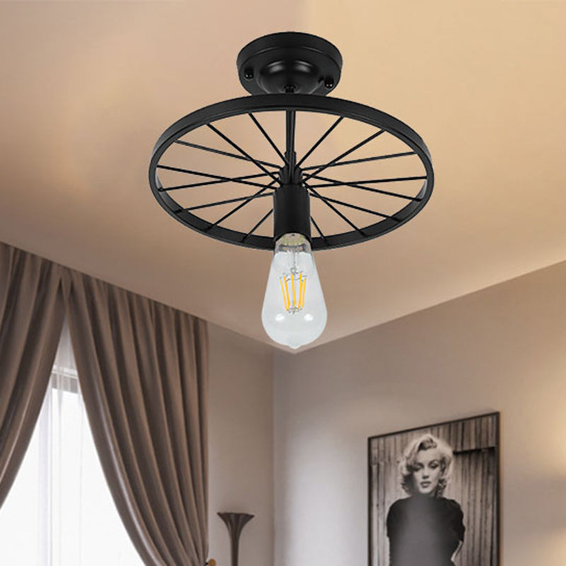 Bare Bulb Restaurant Semi Flush Light Industrial Style Metal 1 Head Black Finish Ceiling Fixture with Wheel Decoration Clearhalo 'Ceiling Lights' 'Close To Ceiling Lights' 'Close to ceiling' 'Glass shade' 'Glass' 'Island Lights' 'Semi-flushmount' Lighting' 1416081