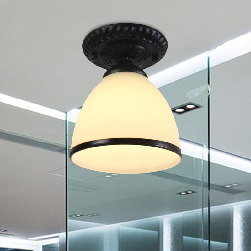 1 Light Barn/Dome/Flower Shade Semi Flush Light Industrial Milky Glass Ceiling Mount for Gallery in Black Clearhalo 'Ceiling Lights' 'Close To Ceiling Lights' 'Close to ceiling' 'Glass shade' 'Glass' 'Island Lights' 'Semi-flushmount' Lighting' 1416082