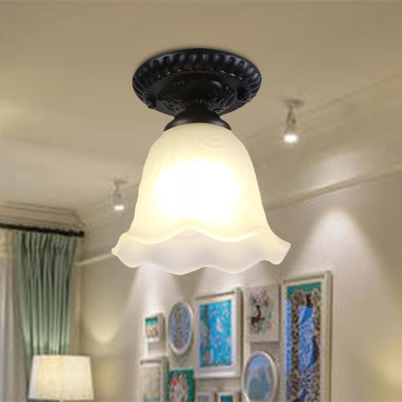 1 Light Barn/Dome/Flower Shade Semi Flush Light Industrial Milky Glass Ceiling Mount for Gallery in Black Clearhalo 'Ceiling Lights' 'Close To Ceiling Lights' 'Close to ceiling' 'Glass shade' 'Glass' 'Island Lights' 'Semi-flushmount' Lighting' 1416083