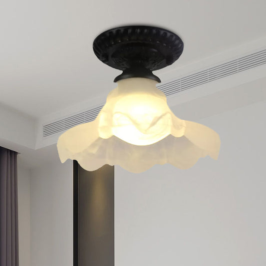 1 Light Barn/Dome/Flower Shade Semi Flush Light Industrial Milky Glass Ceiling Mount for Gallery in Black Clearhalo 'Ceiling Lights' 'Close To Ceiling Lights' 'Close to ceiling' 'Glass shade' 'Glass' 'Island Lights' 'Semi-flushmount' Lighting' 1416084