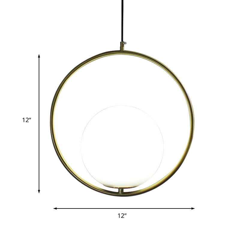 1 Head Ring Pendant Lighting with Globe Opal Glass Shade Retro Industrial Gold Suspension Light, 12"/14" Width Clearhalo 'Ceiling Lights' 'Close To Ceiling Lights' 'Glass shade' 'Glass' 'Industrial Pendants' 'Industrial' 'Middle Century Pendants' 'Pendant Lights' 'Pendants' 'Tiffany' Lighting' 141609