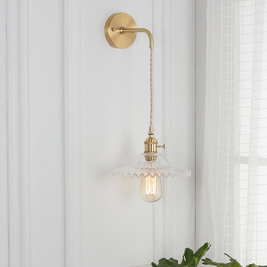 Scalloped Clear/Opal Glass Wall Mounted Lamp Industrial Single Bulb Bedroom Sconce Light in Brass Clearhalo 'Cast Iron' 'Glass' 'Industrial wall lights' 'Industrial' 'Middle century wall lights' 'Modern' 'Tiffany' 'Traditional wall lights' 'Wall Lamps & Sconces' 'Wall Lights' Lighting' 1416097