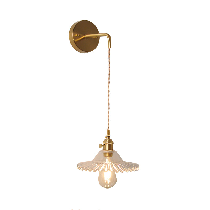 Scalloped Clear/Opal Glass Wall Mounted Lamp Industrial Single Bulb Bedroom Sconce Light in Brass Clearhalo 'Cast Iron' 'Glass' 'Industrial wall lights' 'Industrial' 'Middle century wall lights' 'Modern' 'Tiffany' 'Traditional wall lights' 'Wall Lamps & Sconces' 'Wall Lights' Lighting' 1416098