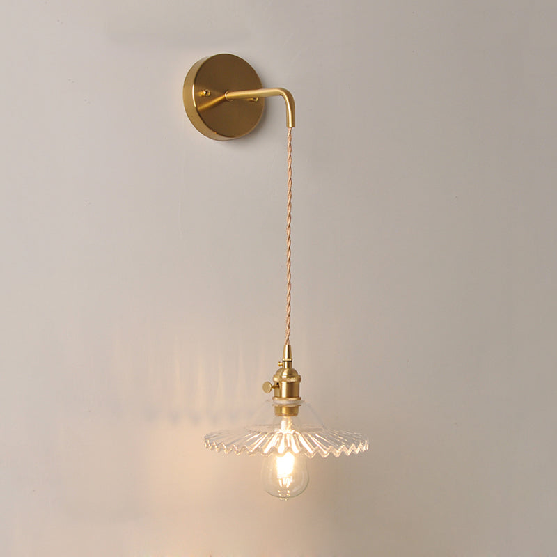 Scalloped Clear/Opal Glass Wall Mounted Lamp Industrial Single Bulb Bedroom Sconce Light in Brass Clearhalo 'Cast Iron' 'Glass' 'Industrial wall lights' 'Industrial' 'Middle century wall lights' 'Modern' 'Tiffany' 'Traditional wall lights' 'Wall Lamps & Sconces' 'Wall Lights' Lighting' 1416099