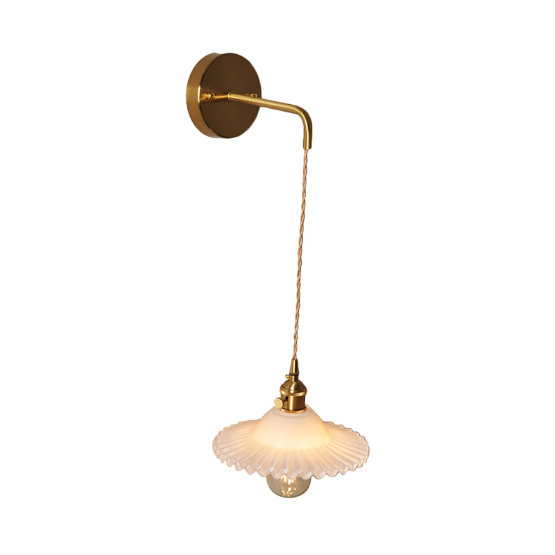 Scalloped Clear/Opal Glass Wall Mounted Lamp Industrial Single Bulb Bedroom Sconce Light in Brass Clearhalo 'Cast Iron' 'Glass' 'Industrial wall lights' 'Industrial' 'Middle century wall lights' 'Modern' 'Tiffany' 'Traditional wall lights' 'Wall Lamps & Sconces' 'Wall Lights' Lighting' 1416103