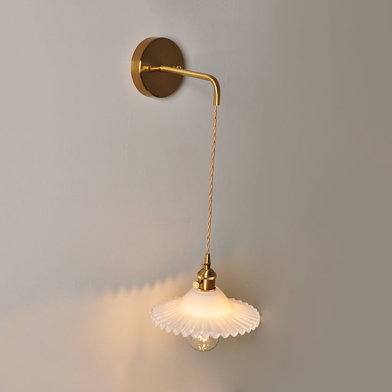 Scalloped Clear/Opal Glass Wall Mounted Lamp Industrial Single Bulb Bedroom Sconce Light in Brass Clearhalo 'Cast Iron' 'Glass' 'Industrial wall lights' 'Industrial' 'Middle century wall lights' 'Modern' 'Tiffany' 'Traditional wall lights' 'Wall Lamps & Sconces' 'Wall Lights' Lighting' 1416104