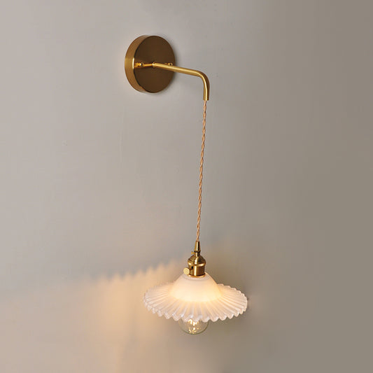 Scalloped Clear/Opal Glass Wall Mounted Lamp Industrial Single Bulb Bedroom Sconce Light in Brass Clearhalo 'Cast Iron' 'Glass' 'Industrial wall lights' 'Industrial' 'Middle century wall lights' 'Modern' 'Tiffany' 'Traditional wall lights' 'Wall Lamps & Sconces' 'Wall Lights' Lighting' 1416104