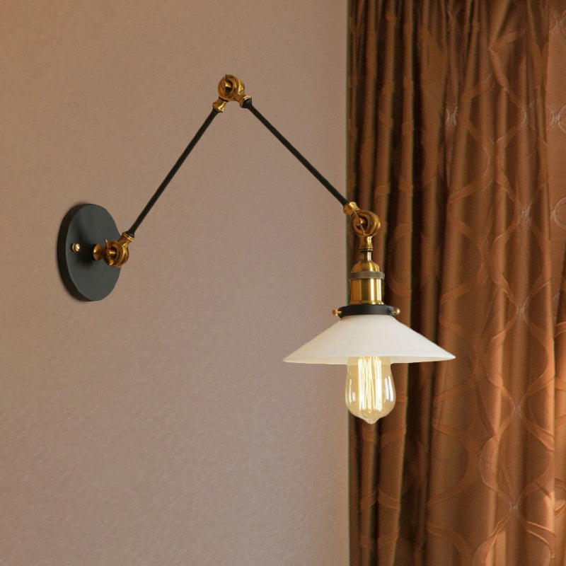 1 Light Saucer Shade Sconce Light Fixture Industrial Brass/Bronze Frosted Glass Wall Lamp with Swing Arm Clearhalo 'Art deco wall lights' 'Cast Iron' 'Glass' 'Industrial wall lights' 'Industrial' 'Middle century wall lights' 'Modern' 'Rustic wall lights' 'Tiffany' 'Traditional wall lights' 'Wall Lamps & Sconces' 'Wall Lights' Lighting' 1416106