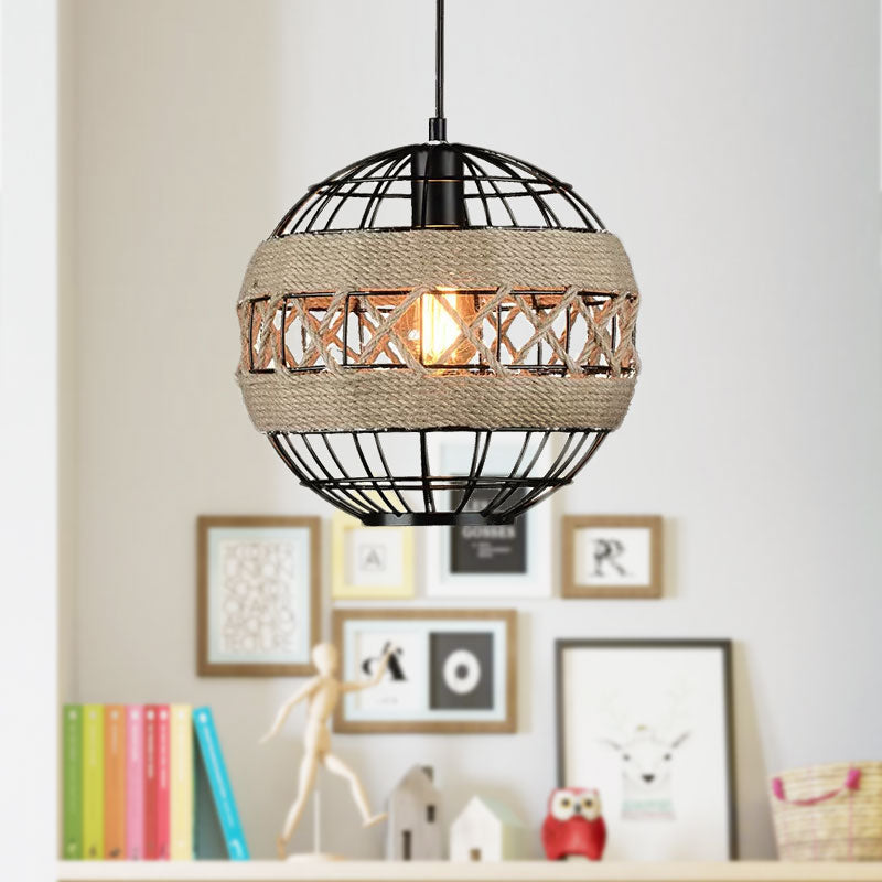 Sphere Pendant Lighting with Metal Frame and Rope Rustic 1 Light ...