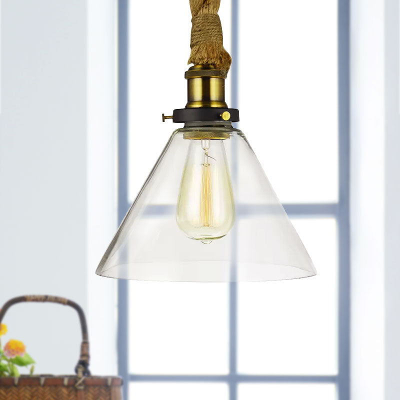 Industrial Style Cone Suspension Light 1 Light Clear Glass Pendant Light with Adjustable Rope in Brass Clearhalo 'Ceiling Lights' 'Close To Ceiling Lights' 'Glass shade' 'Glass' 'Industrial Pendants' 'Industrial' 'Middle Century Pendants' 'Pendant Lights' 'Pendants' 'Tiffany' Lighting' 1416182