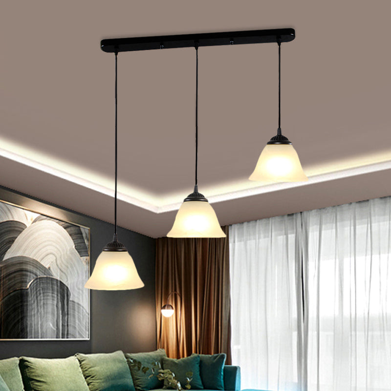 3-Light Multi Pendant Flared White Glass Vintage Dining Room Hanging Light Fixture, Linear Canopy Clearhalo 'Ceiling Lights' 'Close To Ceiling Lights' 'Glass shade' 'Glass' 'Industrial Pendants' 'Industrial' 'Middle Century Pendants' 'Pendant Lights' 'Pendants' 'Tiffany' Lighting' 1416189