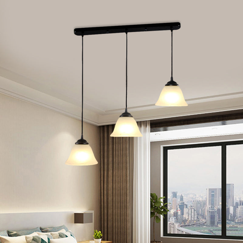 3-Light Multi Pendant Flared White Glass Vintage Dining Room Hanging Light Fixture, Linear Canopy Clearhalo 'Ceiling Lights' 'Close To Ceiling Lights' 'Glass shade' 'Glass' 'Industrial Pendants' 'Industrial' 'Middle Century Pendants' 'Pendant Lights' 'Pendants' 'Tiffany' Lighting' 1416190