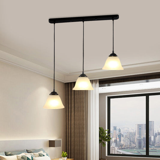 3-Light Multi Pendant Flared White Glass Vintage Dining Room Hanging Light Fixture, Linear Canopy Clearhalo 'Ceiling Lights' 'Close To Ceiling Lights' 'Glass shade' 'Glass' 'Industrial Pendants' 'Industrial' 'Middle Century Pendants' 'Pendant Lights' 'Pendants' 'Tiffany' Lighting' 1416190