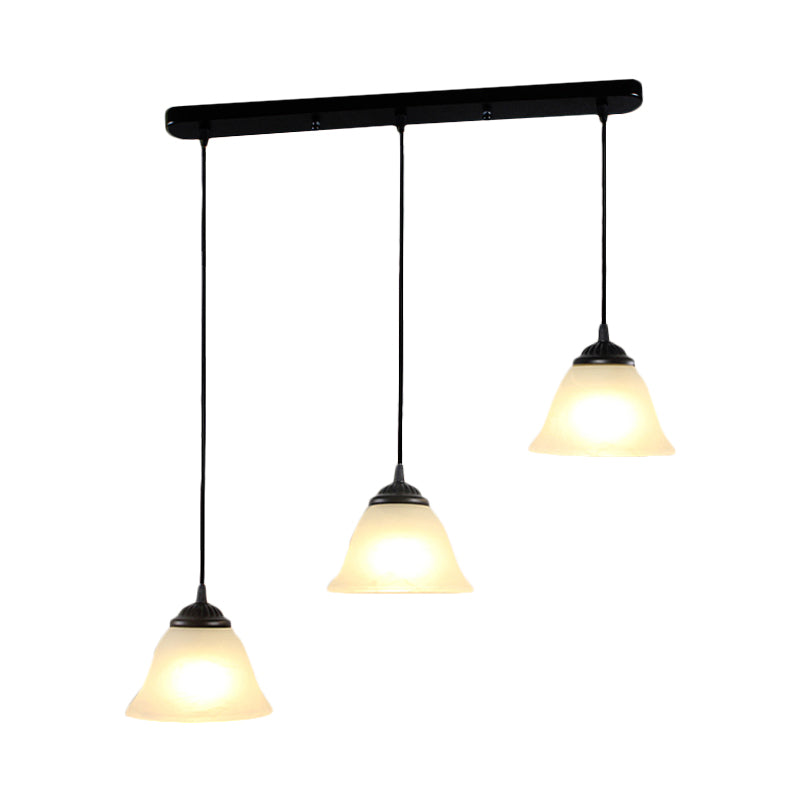3-Light Multi Pendant Flared White Glass Vintage Dining Room Hanging Light Fixture, Linear Canopy Clearhalo 'Ceiling Lights' 'Close To Ceiling Lights' 'Glass shade' 'Glass' 'Industrial Pendants' 'Industrial' 'Middle Century Pendants' 'Pendant Lights' 'Pendants' 'Tiffany' Lighting' 1416191