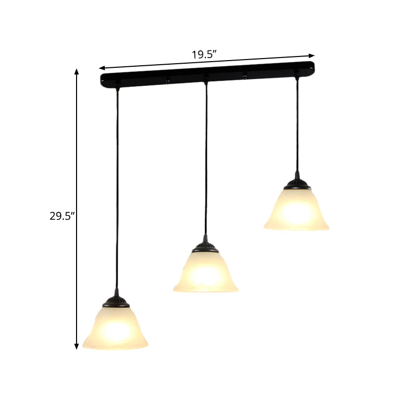 3-Light Multi Pendant Flared White Glass Vintage Dining Room Hanging Light Fixture, Linear Canopy Clearhalo 'Ceiling Lights' 'Close To Ceiling Lights' 'Glass shade' 'Glass' 'Industrial Pendants' 'Industrial' 'Middle Century Pendants' 'Pendant Lights' 'Pendants' 'Tiffany' Lighting' 1416192
