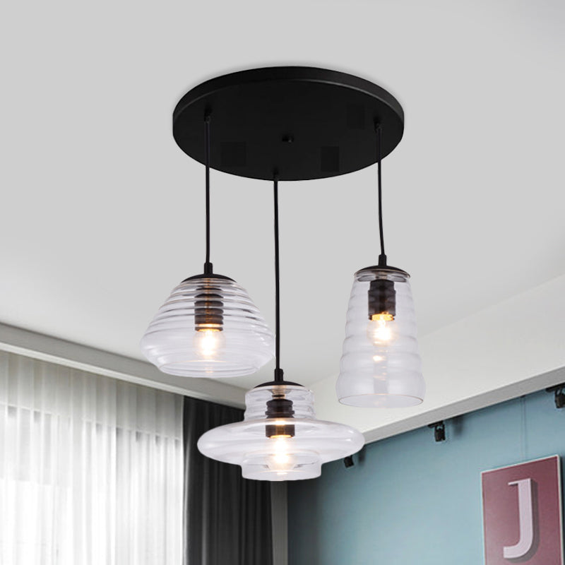 3 Lights Ripple Clear Glass Multi Pendant Light Fitting Modern Black Geometric Dining Room Hanging Lamp Clear Clearhalo 'Ceiling Lights' 'Glass shade' 'Glass' 'Industrial Pendants' 'Industrial' 'Middle Century Pendants' 'Pendant Lights' 'Pendants' 'Tiffany' Lighting' 1416196