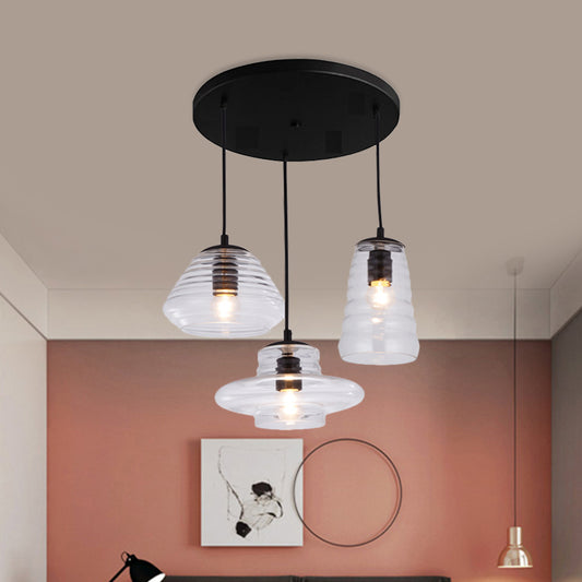 3 Lights Ripple Clear Glass Multi Pendant Light Fitting Modern Black Geometric Dining Room Hanging Lamp Clearhalo 'Ceiling Lights' 'Glass shade' 'Glass' 'Industrial Pendants' 'Industrial' 'Middle Century Pendants' 'Pendant Lights' 'Pendants' 'Tiffany' Lighting' 1416197
