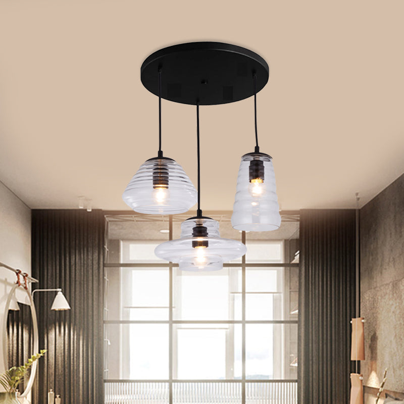 3 Lights Ripple Clear Glass Multi Pendant Light Fitting Modern Black Geometric Dining Room Hanging Lamp Clearhalo 'Ceiling Lights' 'Glass shade' 'Glass' 'Industrial Pendants' 'Industrial' 'Middle Century Pendants' 'Pendant Lights' 'Pendants' 'Tiffany' Lighting' 1416198