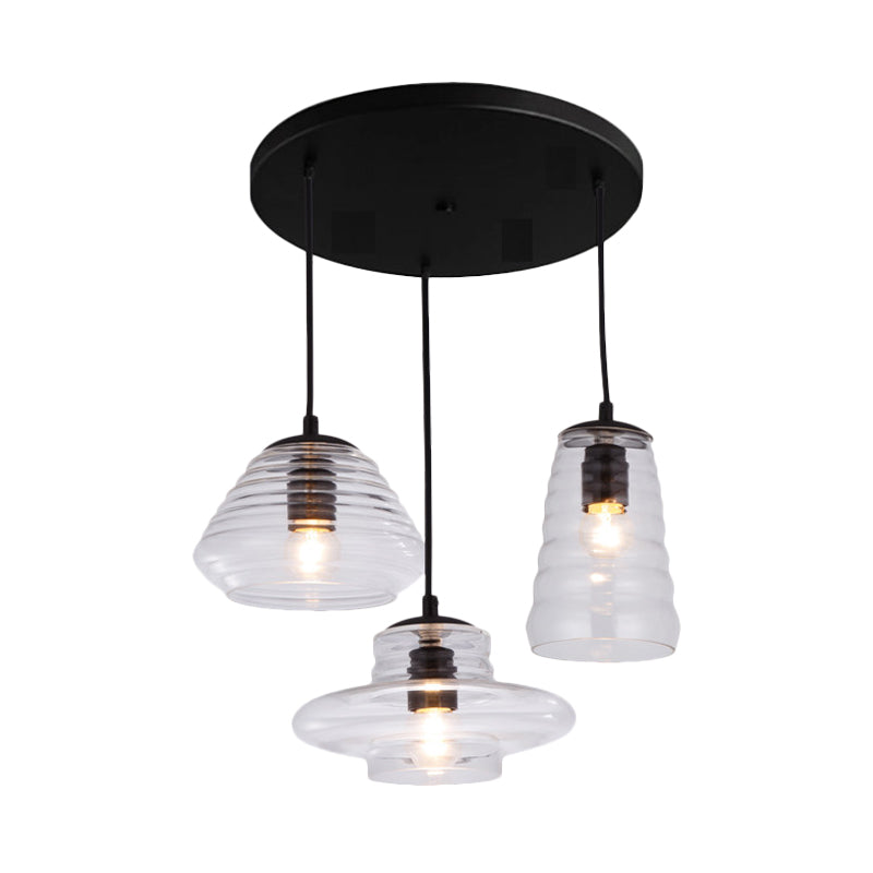 3 Lights Ripple Clear Glass Multi Pendant Light Fitting Modern Black Geometric Dining Room Hanging Lamp Clearhalo 'Ceiling Lights' 'Glass shade' 'Glass' 'Industrial Pendants' 'Industrial' 'Middle Century Pendants' 'Pendant Lights' 'Pendants' 'Tiffany' Lighting' 1416199