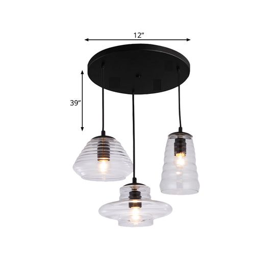 3 Lights Ripple Clear Glass Multi Pendant Light Fitting Modern Black Geometric Dining Room Hanging Lamp Clearhalo 'Ceiling Lights' 'Glass shade' 'Glass' 'Industrial Pendants' 'Industrial' 'Middle Century Pendants' 'Pendant Lights' 'Pendants' 'Tiffany' Lighting' 1416200