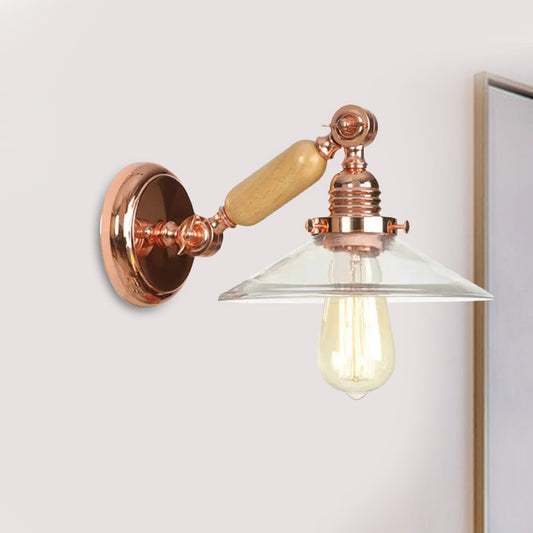 1 Light Clear Glass Wall Sconce Light Rustic Rose Gold Cone Living Room Lighting Fixture with Rotatable Arm Clearhalo 'Cast Iron' 'Glass' 'Industrial wall lights' 'Industrial' 'Middle century wall lights' 'Modern' 'Tiffany' 'Traditional wall lights' 'Wall Lamps & Sconces' 'Wall Lights' Lighting' 1416201