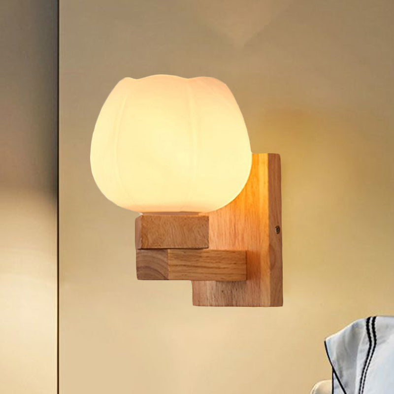 Single Bulb Opal Glass Wall Sconce Light Nordic Wood Bowl Bedroom Lighting Fixture Clearhalo 'Cast Iron' 'Glass' 'Industrial' 'Modern wall lights' 'Modern' 'Tiffany' 'Traditional wall lights' 'Wall Lamps & Sconces' 'Wall Lights' Lighting' 1416207