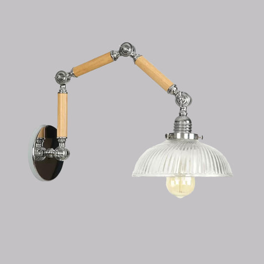 Ribbed Glass Silver Sconce Light Dome 1-Light Industrial Wall Lamp Fixture with Rotatable Arm Clearhalo 'Cast Iron' 'Glass' 'Industrial wall lights' 'Industrial' 'Middle century wall lights' 'Modern' 'Tiffany' 'Traditional wall lights' 'Wall Lamps & Sconces' 'Wall Lights' Lighting' 1416212