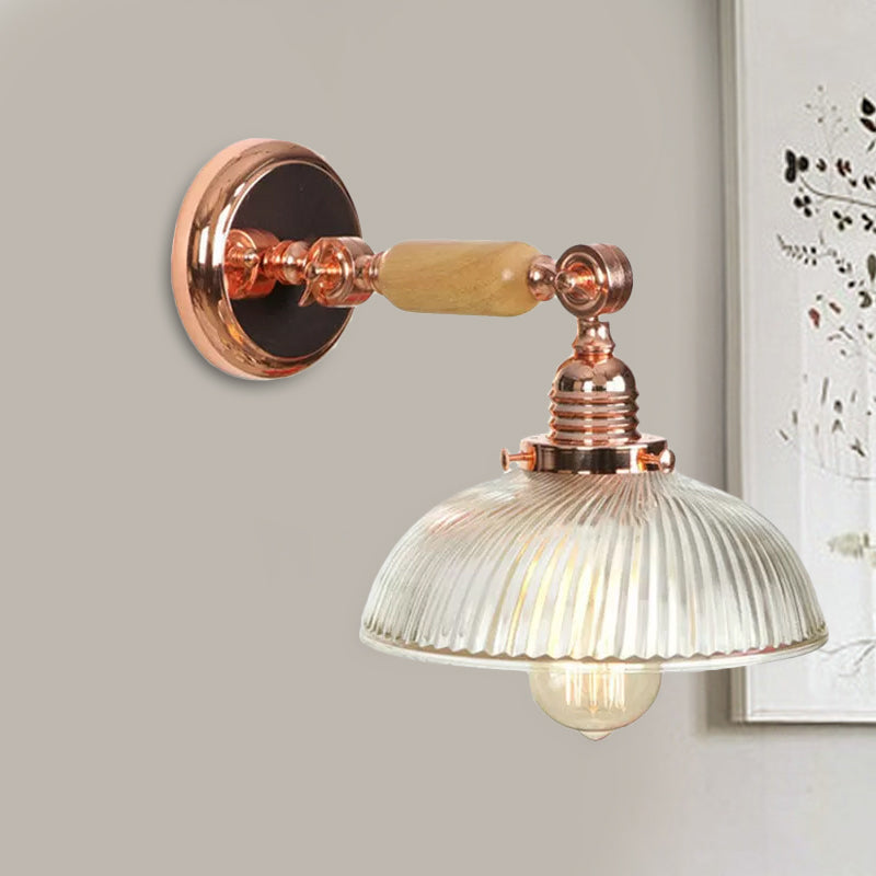 One Bulb Ribbed Glass Sconce Light Fixture Farmhouse Rose Gold Domed Bedroom Wall Lamp Clearhalo 'Cast Iron' 'Glass' 'Industrial wall lights' 'Industrial' 'Middle century wall lights' 'Modern' 'Tiffany' 'Traditional wall lights' 'Wall Lamps & Sconces' 'Wall Lights' Lighting' 1416213